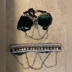 Brand New! Dark Green Velvet Bellydance Bra and Belt Set. Tribal Fusion Bedlah.